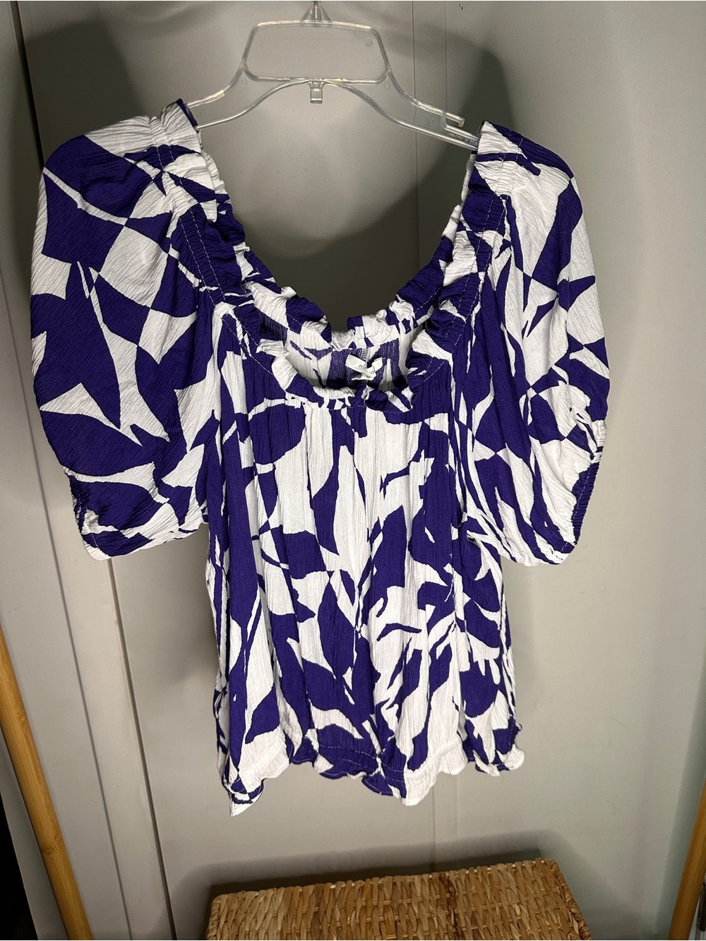 Maurices Purple and White Printed Puff-Sleeve Blouse off the shoulder